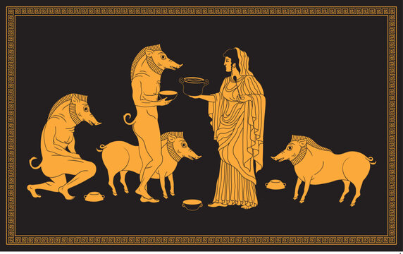 Vector illustration of Circe turning Odysseus's men into pigs