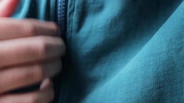 hands nervously touching hoodie zipper, close up of person fidgeting with jacket fastener as sign of anxiety, faceless shot in muted blue tones, concept of mental health, stress therapy, psychological