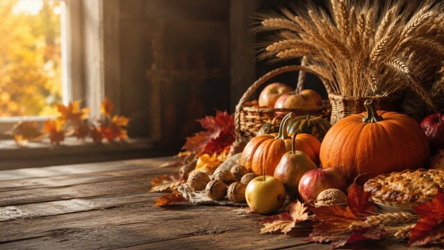 Thanksgiving harvest with pumpkins and apples, copy space for text