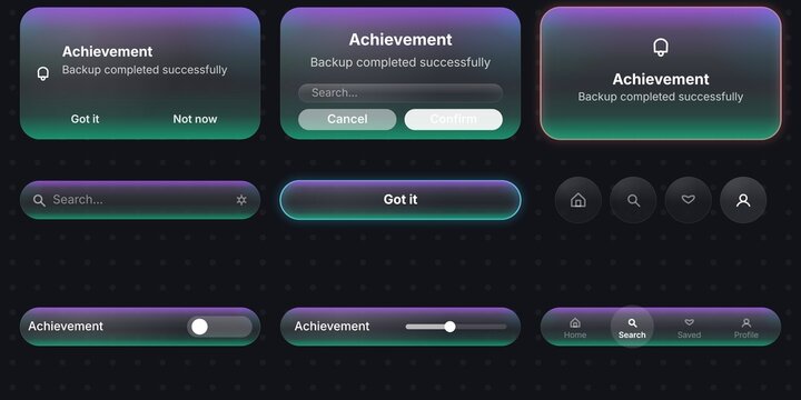 Modern UI/UX design elements, a futuristic dark mode interface kit with gradient glassmorphism style. Web design components for app development, including buttons, search bars