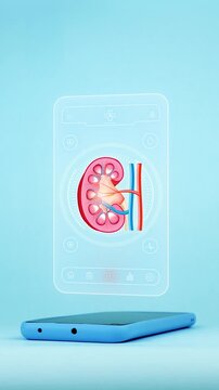 Doctor using mobile app interface on smartphone for kidney diagnosis showing anatomical kidneys, innovative technology for early detection of kidney stones and renal failure. Light blue background.