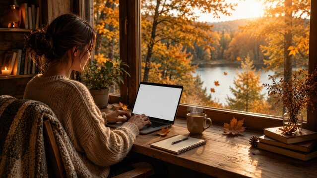Woman working on laptop by an autumn window
