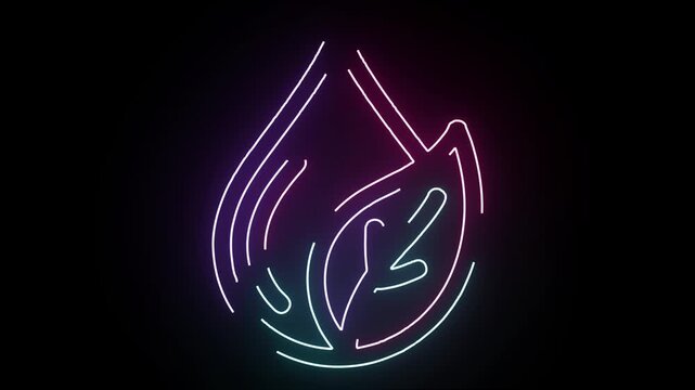 Abstract Neon Icon Featuring A Glowing Water Drop Merging With A Leaf Symbol Representing Environmental Sustainability And Eco Friendly Green Energy