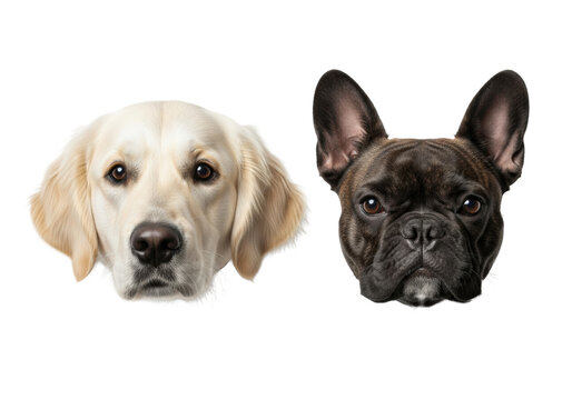 ultra-detailed flat lay studio shot of a soft golden retriever puppy head and a serious brindle french bulldog head touching, against a shadowless white background, concept of comparative canine