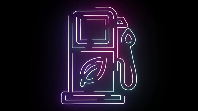 Neon Gas Pump Sign Glowing Brightly In Vibrant Purple And Teal Colors On Dark Background Illustrating Sustainable Eco Friendly Fuel Energy Concept