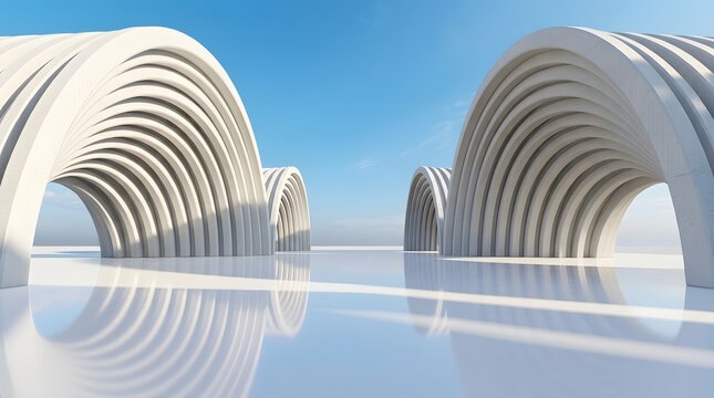 Modern architectural arches in a bright space. Abstract white tunnel with geometric design.