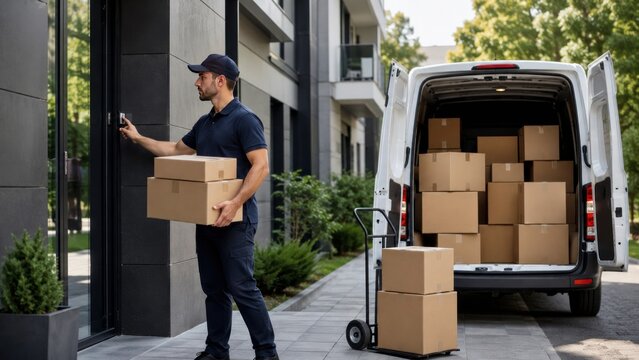 Delivery courier carrying boxes from a van
