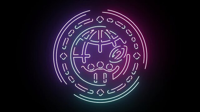 Neon Line Art Globe Symbol Animation Featuring Stylized People and Leaf Icon Glowing in Vibrant Pink and Cyan Hues Against a Deep Solid Black Backgrou