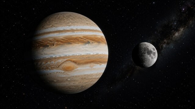 Jupiter and moon in space