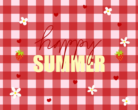 Summer lettering design with gingham background textured for greeting card. Hand drawn for printable or background