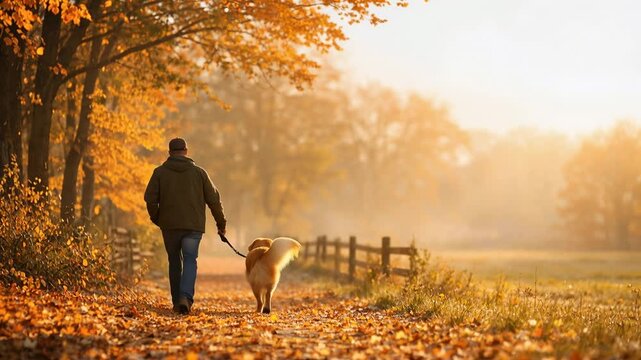 Person walking with dog along peaceful autumn park path surrounded by colorful trees in warm morning light