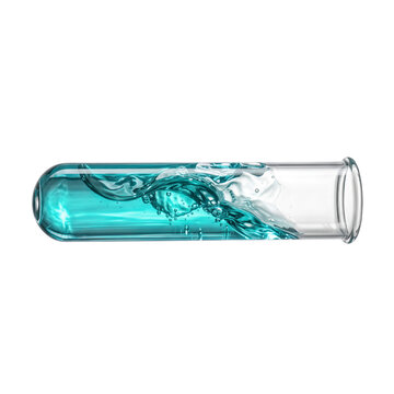 Slanted transparent test tube with sloshing teal liquid, laboratory glass element with fluid motion isolated on transparent background