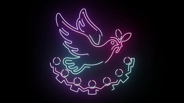 Neon Light Dove Holding Olive Branch Above Circle of People Holding Hands Glowing Blue and Pink Art Symbolizing World Peace and Global Unity Motion