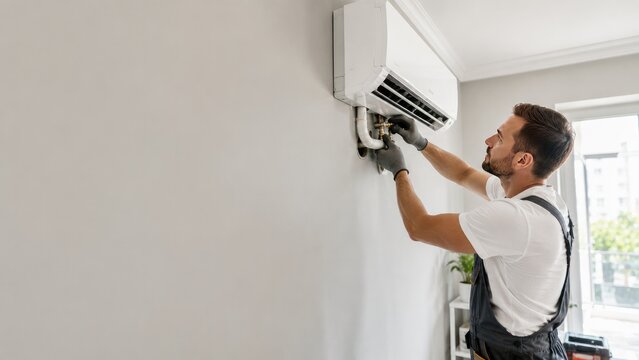Technician repairing wall mounted air conditioner