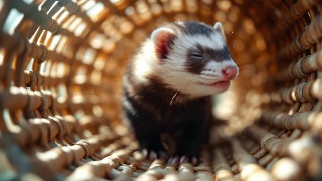 A curious young ferret peeking out from a woven wicker tunnel in warm sunlight.