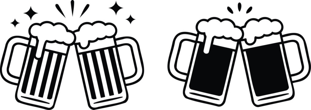 Two frothy beer mugs clinking together silhouette icon with beverage