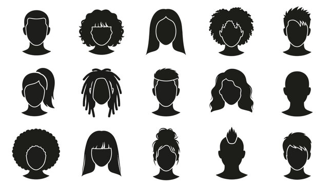 Diverse set of black silhouette human avatars showing various hairstyles for modern interface design projects