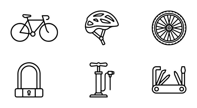 Bicycle Icons Set: Bike, Helmet, Wheel, Lock, Pump, Multi-tool Vector Graphics for Cycling