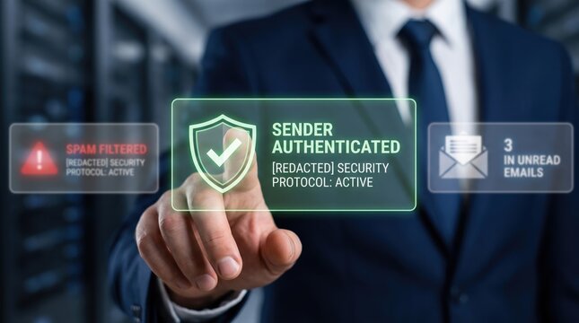Businessman touching virtual screen showing sender authenticated status, email security protocol active, spam filtered notification, corporate communication safety