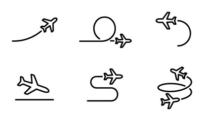 Fototapeta premium Airplane Flight Path Icons: Travel Routes, Aviation Movement, Journey Lines, Air Transport Symbols