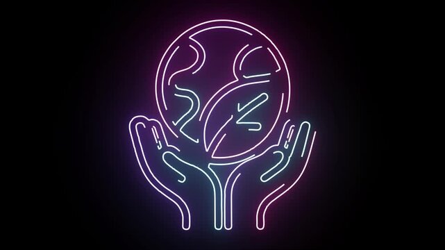 Neon glowing earth icon held by two hands outline illustration isolated on black background animated environmental concept for sustainable living desi