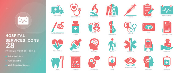 hospital services doctor clinic medical healthcare nurse ambulance emergency patient icon set vector flat illustration medicine web graphic © MdMatiur