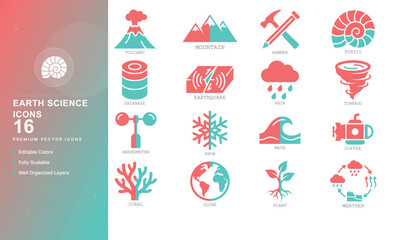 earth science geology geography planet globe nature volcano environment exploration ecology icon set vector flat illustration web graphic biology © MdMatiur