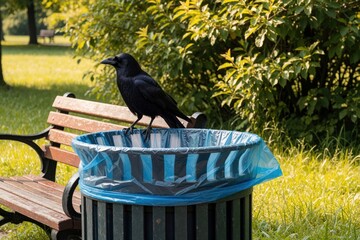 Naklejka premium Black crow perches on edge of park trash can with blue liner. Bird stands near wooden bench in grassy area with trees and foliage. Outdoor scene with wildlife in urban setting.