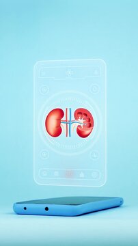 Doctor using mobile app interface on smartphone for kidney diagnosis showing anatomical kidneys, innovative medical technology for early detection of disease. Light blue background.