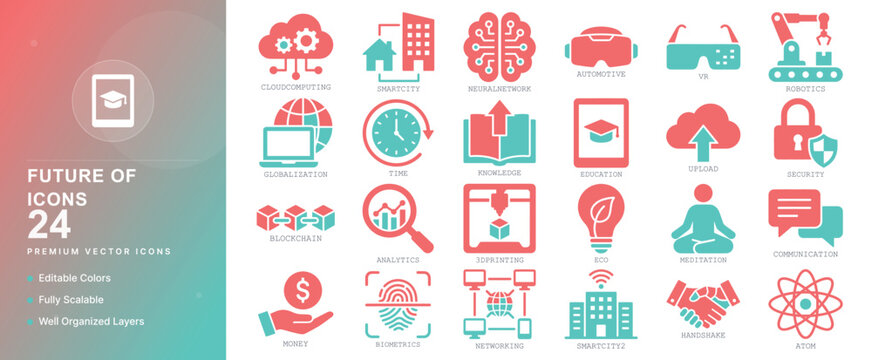 future of work telecommuting vr virtual reality smart office robot innovation business career workspace icon set vector flat illustration technology web graphic