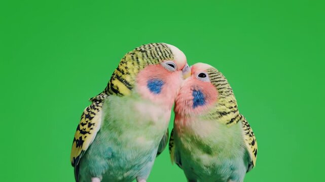 Two lovebirds nuzzling closely with wings outstretched on a vibrant green screen background