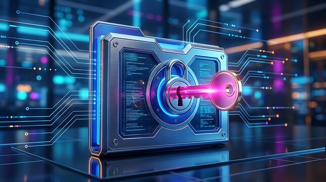 Digital data security concept with glowing pink key and padlock on futuristic folder
