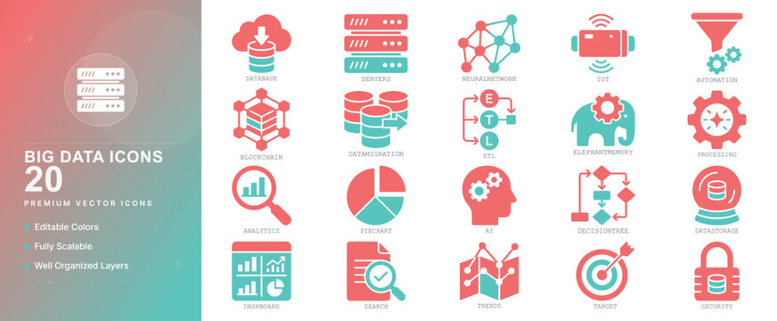 big data analytics database server information chart graph storage cloud network icon set vector flat illustration technology web graphic
