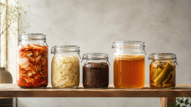 Fermented food jars with kimchi sauerkraut miso kombucha and pickled vegetables on wooden shelf fibermaxxing healthy gut food