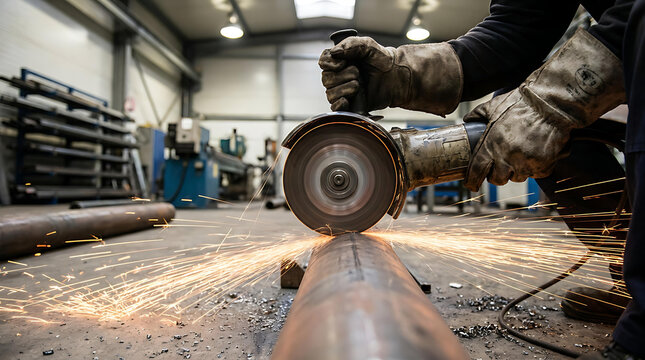 Industrial Worker Cutting Steel Pipe with Angle Grinder Creating Bright Sparks in Metal Fabrication Workshop