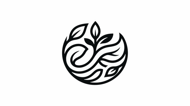 A minimalist black and white circular logo featuring swirling branches and leaves