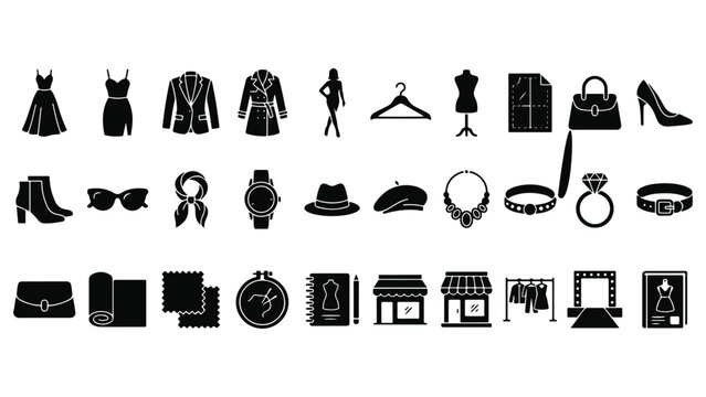Fashion and apparel design icon set featuring women dresses, suit jacket, coat, shoes, accessories, jewelry, sewing tools, boutique shop, and runway elements isolated on white background
