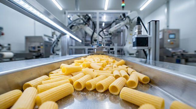 Uncooked Penne Pasta on Industrial Conveyor Belt in Modern Automated Pasta Production Factory with Food Processing Machinery