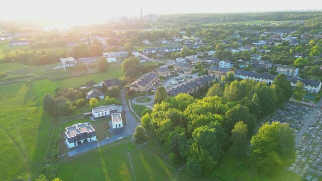 Aerial view of golden hour mist rising from mountain forest valley, Katowice Poland