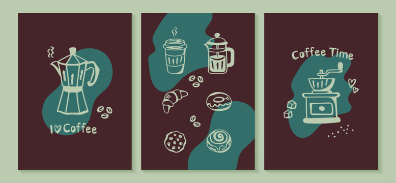 minimal coffee doodle poster set vector illustration.