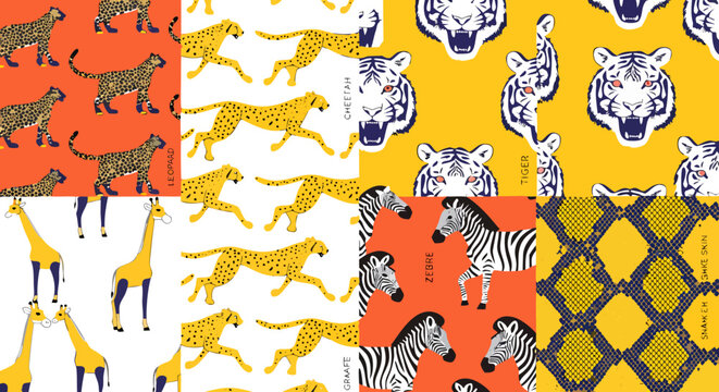 Wild safari animal seamless pattern collection. Vector leopard, cheetah, tiger, giraffe, zebra, snake skin texture set for fashion print design, fabric, textile, wrapping paper, background, wallpaper