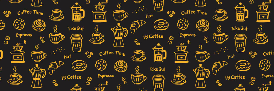 yellow and black coffee doodle seamless pattern vector illustration.