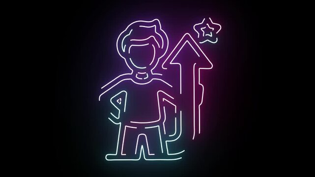A vibrant neon animation featuring a male silhouette standing beside a glowing arrow pointing upward towards a shining star against black background