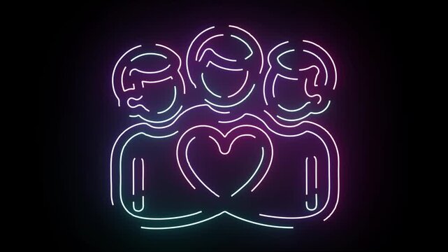 Neon illuminated animation featuring three connected human profiles and a central heart symbol glowing in vibrant pink and blue colors on dark backgro