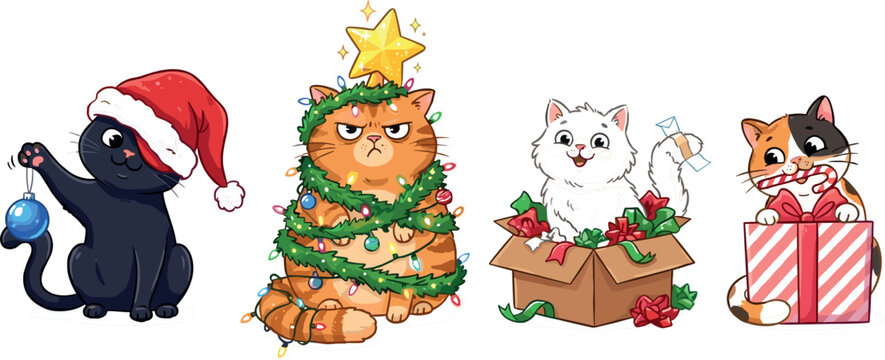 Cute Christmas Cat Vector Character Set Featuring Playful Kittens with Santa Hat, Tangled Fairy Lights, Gift Box, and Candy Cane for Festive Holiday Designs