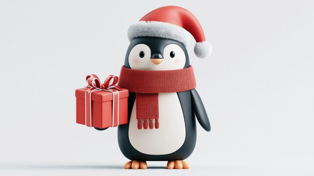 Penguin wearing a Santa hat and red scarf holds a wrapped gift on a white background with copy space for holiday designs.