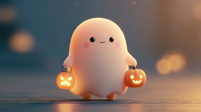 Cute ghost holding two glowing pumpkin lanterns in a soft 3D Halloween scene with warm bokeh lights and a reflective surface.