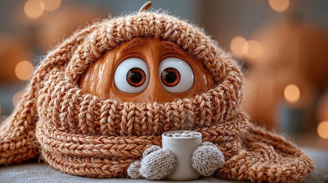 Pumpkin in a knitted scarf holds a hot cocoa mug in a cozy autumn scene with warm bokeh lights and a close-up portrait view.