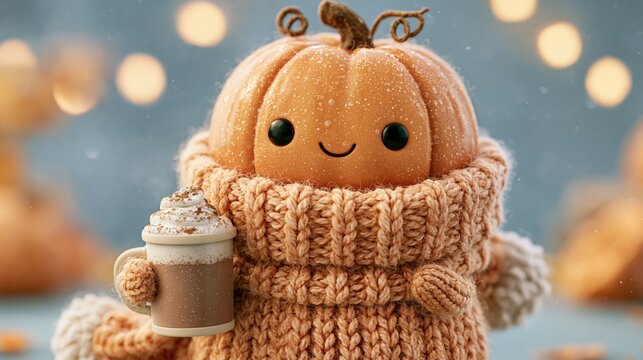 Pumpkin holding a hot cocoa mug while wearing a chunky knitted scarf against a soft autumn background with warm bokeh lights.