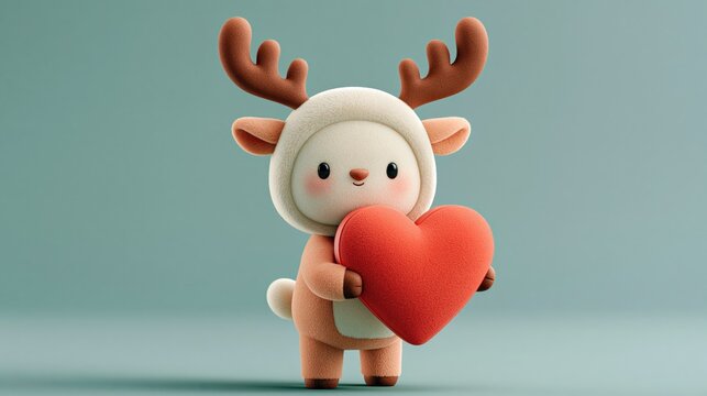 Cute reindeer character holding a red heart gift box on a plain background, a festive Valentine and Christmas gift concept with copy space.